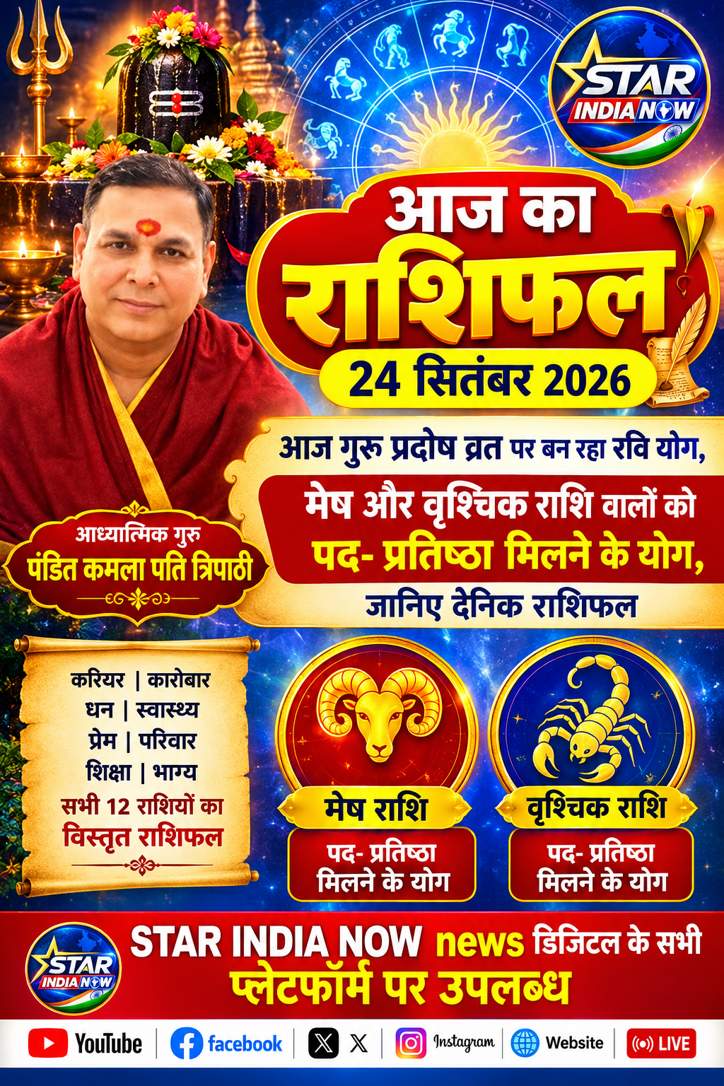 Aaj Ka Rashifal 24 September 2026: आज गुरु प्रदोष व्रत पर बन रहा रवि योग, मेष और वृश्चिक राशि वालों को पद- प्रतिष्ठा मिलने के योग, जानिए दैनिक राशिफल