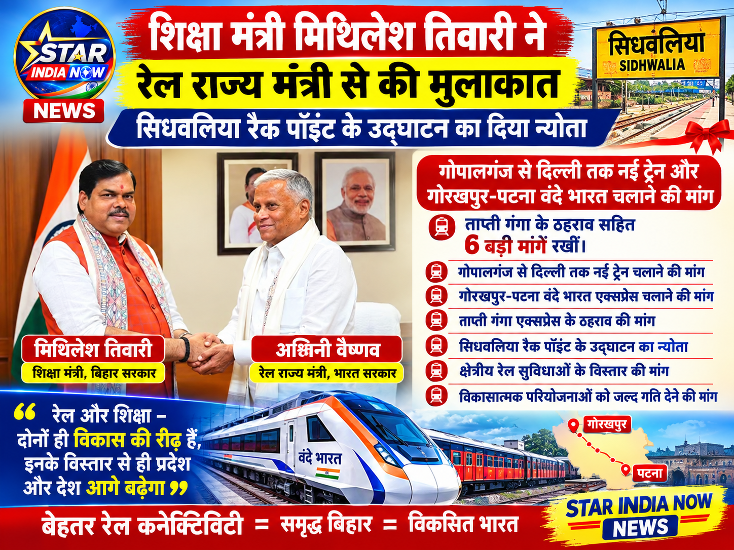 शिक्षा मंत्री मिथिलेश तिवारी ने रेल राज्य मंत्री से की मुलाकात, सिधवलिया रैक पॉइंट के उद्घाटन का दिया न्योता